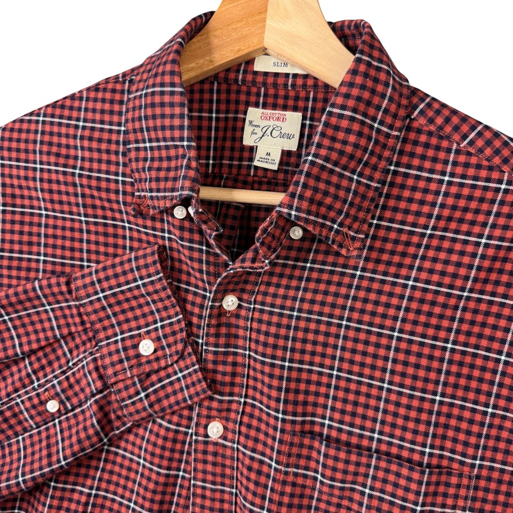 J.Crew Slim Fit Cotton Oxford Shirt Mens Medium Red Navy Plaid H1711 Long Sleeve